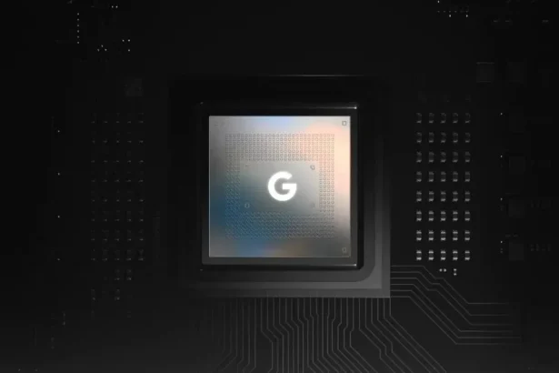 Telefono mikroschema su Tensor G6, pabrėžianti technologijų pažangą ir inovacijas.